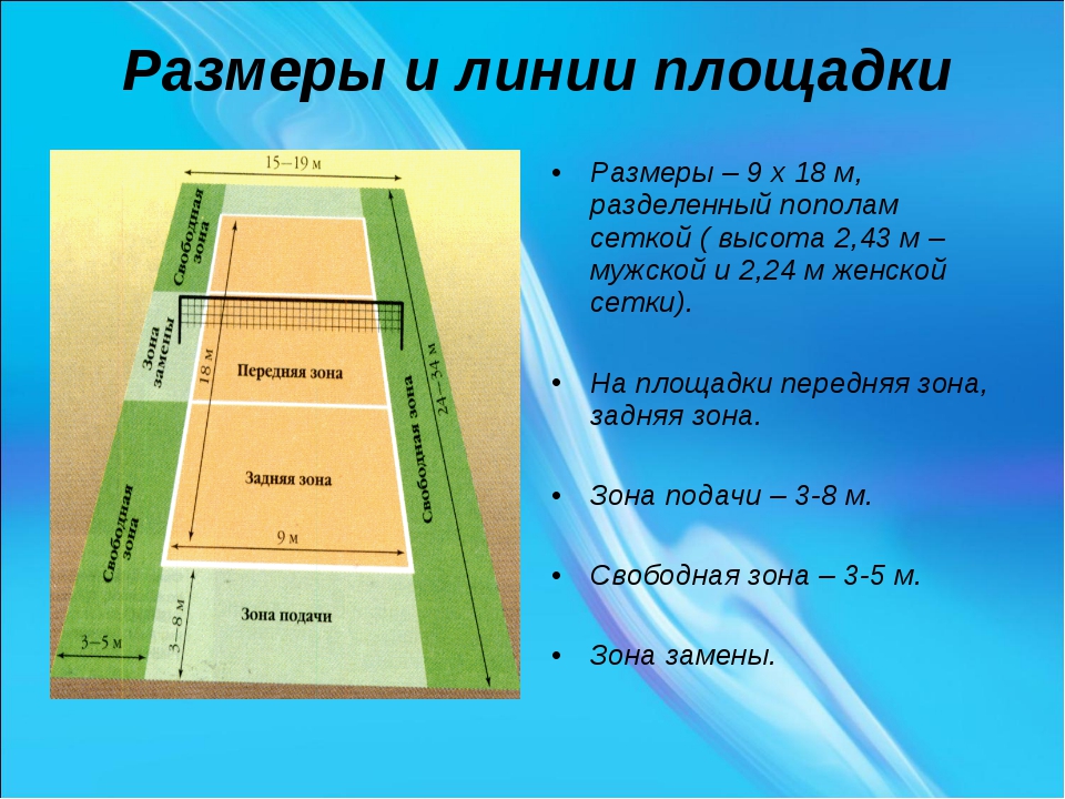 Волейбол размер площадки. Линии волейбольной площадки. Переднюю и заднюю зоны площадки волейбольной площадки. Волейбол Размеры площадки высота сетки. Размеры волейбольной площадки и высота сетки.