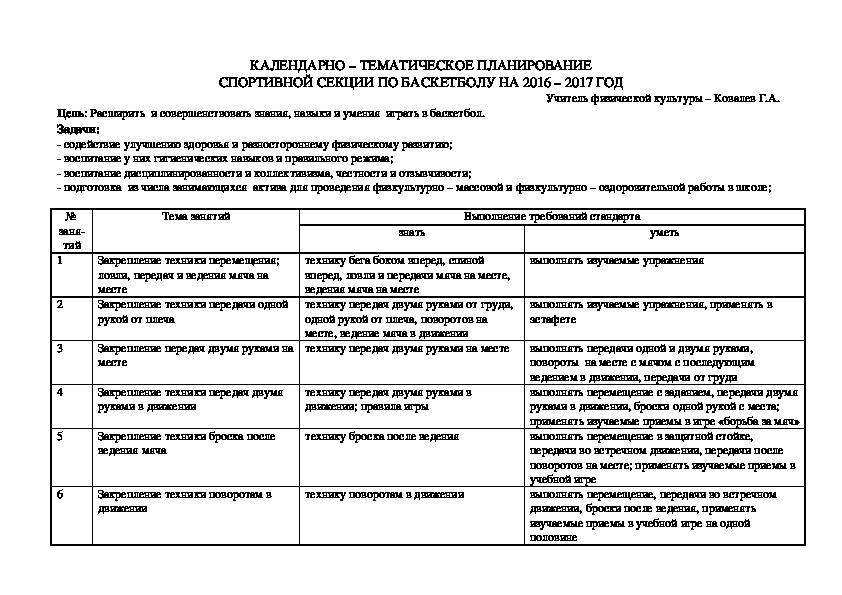 Календарно тематическое планирование на год